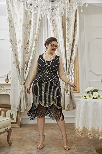 Image of Plus Size 1920s Vintage Fringed Gatsby Sequin Beaded Tassels Hem Flapper Dress for Women