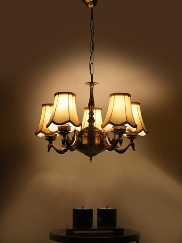 Image of Devansh 05-Light Conical Off-White Cotton Shade Chandelier - Antique Golden Finish | Adjustable Cord | Warm Glow Lamp - Ceiling Light for Living Room, Dining Area, Bedroom & Entryway Decor - D4