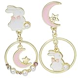 GALPADA Pendientes Conejo Creativos con Luna y Estrella para Chicas Adolescentes Aretes Colgantes Asimétricos de Aleación Segura Joyería Ligera y Duradera para Mujer