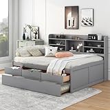 Harper & Bright Designs Full Size Daybed with Trundle and 3 Storage Drawers, Full Captains Bed with Built-in Bookshelves for Girls Boys,Wooden Daybed with Trundle Bed Twin, Light Grey