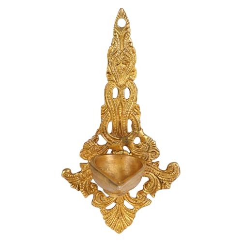 Kartique Brass Wall Hanging Diya for Home Temple | Traditional Oil Lamp for Pooja Room | Decorative Wall Mounted Deepak | Handcrafted Deepam for Vastu in Gold Color Height 7.5 Inch