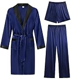 SWOMOG Men's 3 Pcs Robe Silk Satin Kimono Bathrobe with Shorts&Pants Set Lightweight Soft Sleepwear