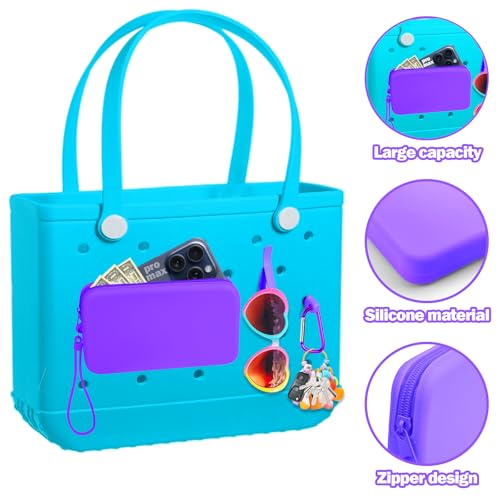 Image of Mity rain Silicone Wallet for Bogg Bag Phone Holder, Accessories Set for Bogg Bag Contain 2PCS Key Holder and a Large Capacity Silicone Zipper Bag for Beach Bags Tote Bag (Dark Purple)