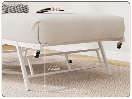 Image of Daybed with Trundle, Metal Twin Size Day Bed with Industrial Wood Grain Headboard, Metal Slat Support & Lockable Casters, Space-Saving Sofa Bed for Living Room /Guest Room, No Box Spring Needed, White
