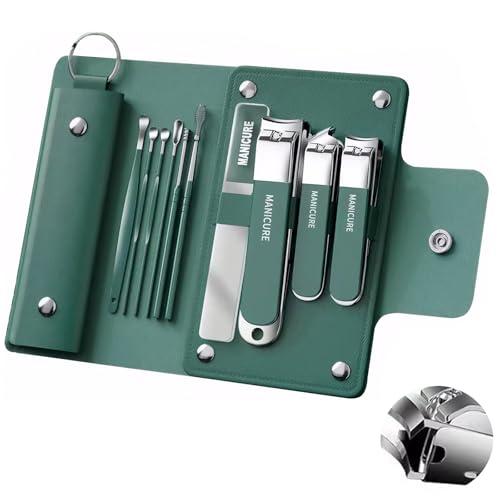 Meltryllis 爪切り10本セット ネイルケアセット ステンレス製 爪きり 爪切り 爪やすり やすり 甘皮カッター 耳かき 持ち運び用コンパクト収納ケース付き 便利工具 (ダークグリーン)