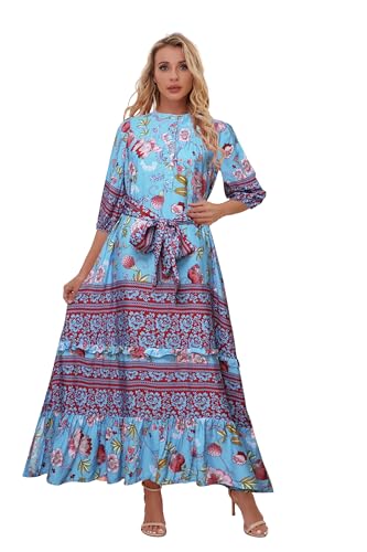 Image of Women Boho High-Waist Floral Print Maxi Dress 3 /4 Sleeve Casual | Soft Rayon, Breathable, Quick-Dry. High-Waist with Adjustable Belt, Flattering Hem. Ideal for Beach, Work & Dating.