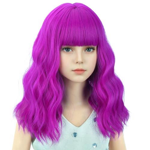 Image of Purple Red Wig Short Magenta Wavy Curly Wigs Magenta Wig with Air Bangs Synthetic Cosplay Hair Wigs