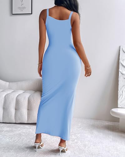 Image of Womens Bodycon Sexy Maxi Dress Soft U-Neck Spaghetti Strap Summer Slip Dress Solid Sleeveless Club Vacation Dress