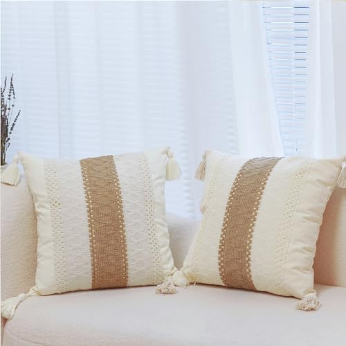 Virexen BOHO WOVEN A 18 X 18 Throw Pillow Covers 18X18 Set Of 2 Beige Brown Neutral Pillow Covers With Tassels Textured Striped Modern Farmhouse Throw Pillows Bohemian Decorative Pillow Covers For Couch Bed thumb #7