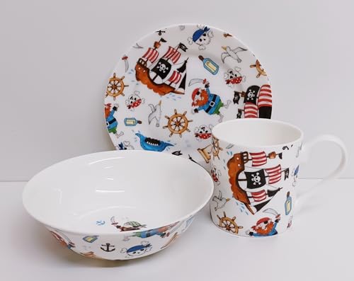 Pirates Breakfast Set 3 Pieces Plate Mug & Cereal Bowl Fine Bone China Kids Children Set Collage Hand Decorated UK