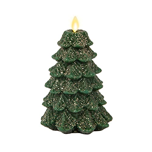 Image of Luminara Christmas Tree Flameless LED Candle, Dark Green 4.7 inch x 6.5 inch, Moving Flame Battery Operated Timer, Holiday Decor, Glitter Snow Finish Safe