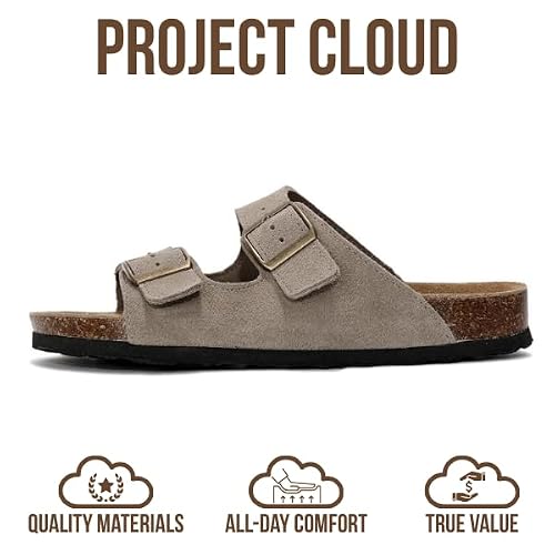 Project Cloud 100% Genuine Leather Flat Sandals For Women 2026 Cork Footbed Womens Sandals with Memory Foam and arch support Vacation Essentials Slides for Women Footwear (Venita, taupsu, 11) - Thumbnail 4