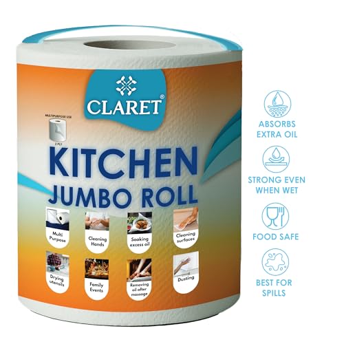 Image of Claret Kitchen Jumbo Towel Tissue Paper Roll Napkin 300 Pulls Each Roll | Soft & Highly Absorbent | 100% Natural | 2 Ply | Ideal For Cleaning Kitchen Accesssories Microwave & OTG (Pack Of 2)