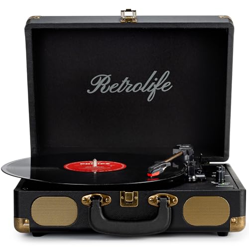 Vinyl Plattenspieler 3-Gang 33/45/78 U/min Bluetooth Koffer Tragbarer Schallplattenspieler mit Riemenantrieb und eingebauten Lautsprechern RCA Line Out AUX in Kopfhöreranschluss Vintage Turntable
