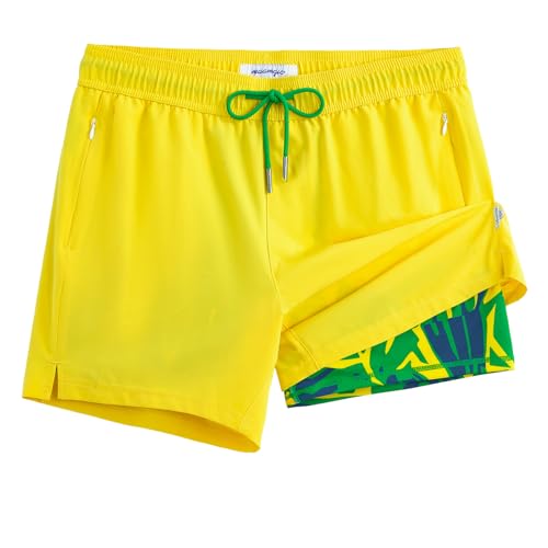 Image of maamgic Mens Swim Trunks with Compression Liner 5 Inch, Quick Dry Bathing Suit with Zipper Pockets, No-Chafing Swim Shorts