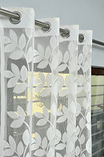 Image of Net Transparent Window Curtain Drapes 5Ft 1 Piece | Sheer Curtain Drapes for Living Room Bedroom Kitchen Balcony | Tissue Light Filtering Panels for Home Office, 4x5 Feet, Offwhite Leaves