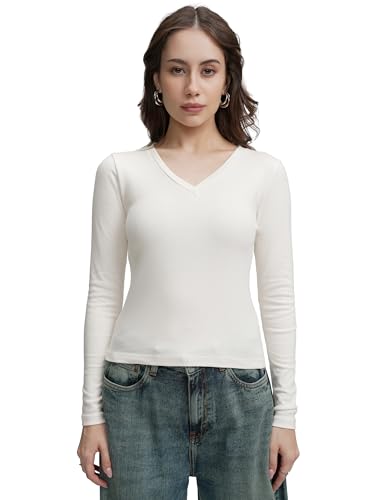 Image of Tokyo Talkies Women's V-Neck Fitted Top | Long Sleeves & Flattering Silhouette for A Chic Look | Sleek & Versatile | Tops for Woman | Women Tops | Stylish Top