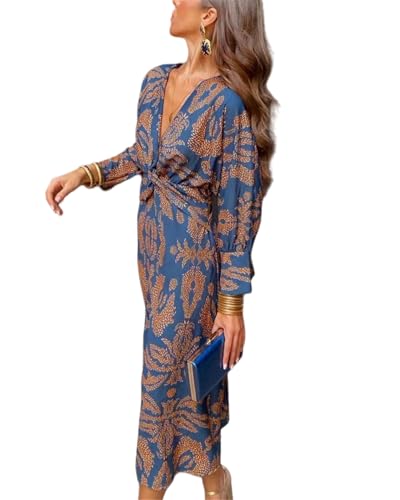 Vestido de mujer de manga larga, estilo bohemio, con estampado floral, escote de pico, para cóctel, playa, maxi, vestido de novia, azul oscuro, M