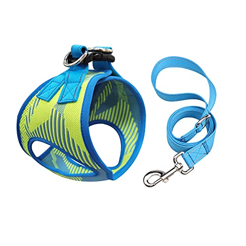 YMINA Arnés para Perros Perro Pequeño Sin Tirón Arneses para Cachorros y Set de Plomo Malla Blanda Reflectante Paso a Paso Ligero y Transpirable Clip Frontal Ajustable con Asa Azul S Cover