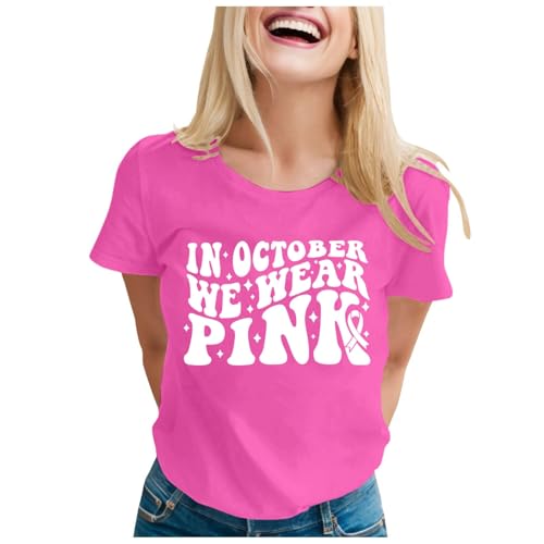 Camiseta estampada para mujer para el Mes Internacional del Cáncer de Mama, Top 5 Top sin Espalda para Mujer, Rosa intenso., L