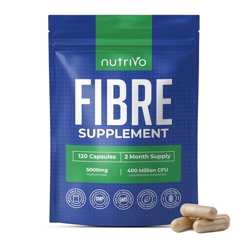 Fibre Supplement - Psyllium Husk 5000mg (500mg of 10:1 Extract) & Probiotic 400 Million CFU Lactobacillus Acidophilus – Digestive, Gut Health Support & Stool Softener -120 Psyllium Husks Capsules