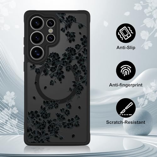 OOK Case Fit for Samsung Galaxy S25 Ultra 6.9 Inch (Wireless Charging Compatible) Black Floral Flowers Design Translucent Phone Cover Soft TPU + Hard PC Anti-Scratch Shockproof Magnetic Case for Women by OOK - Used condition - Image 5