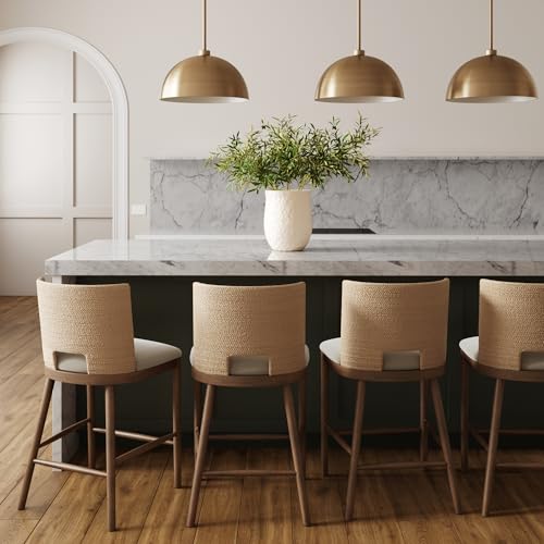 Image of Nathan James Webster Bohemian Round Back Bar Stool, Upholstered Bar Stool with Seagrass Backrest for Kitchen or Bar, Medium Brown Set of 4
