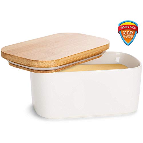 Butter Dish with Lid,Ceramic Butter Container with Lid,White Porcelain Butter Keeper with Bomboo