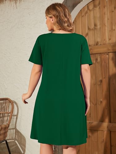 AusLook Plus Size Summer Green Dress for Women V Neck Short Sleeve Loose Fit Casual Knee Length 5X Sundress with Pockets — view 6
