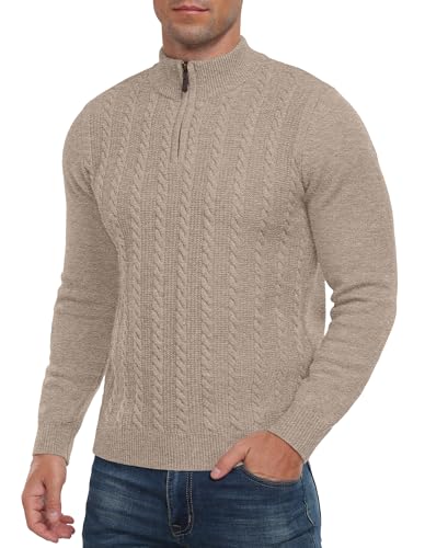 Hisir Mens Quarter Zip Jumper Cable Knit Crew-Neck Sweater Long Sleeve Jumpers Causal Pullover Winter for Men (Khaki, M)