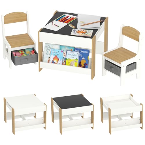 HOMCOM Juego de Mesa y 2 Sillas Infantiles Mesa con Sillas para Niños 3 en 1 con Pizarra Cajones de Tela y Espacio de Almacenamiento para Guardería Sala de Juegos Blanco y Natural
