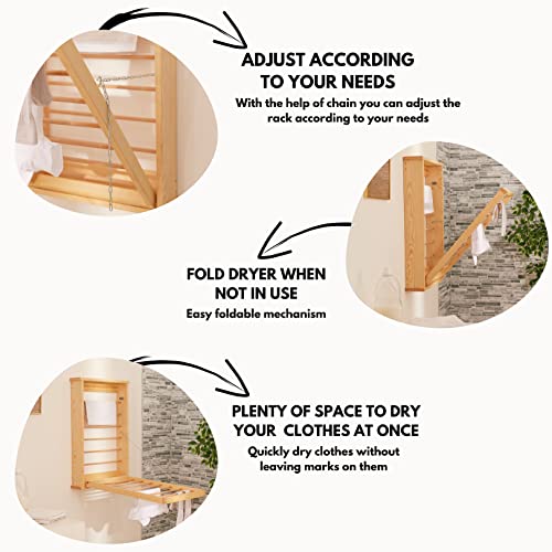 NOVECRAFTO Natural Wood Wall Mounted Drying Rack Clothes With Double Side Rails - Foldable Wall Mounted Clothes Airer 31.4" (80cm) H x 19.3" (50cm) W - Wooden Folding Laundry Airer for Indoor Use - Image 4