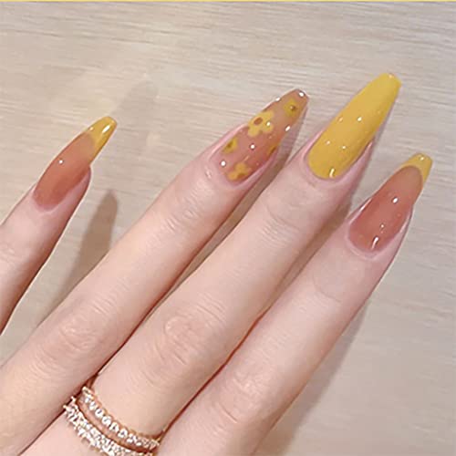 RikView Press on Nails Medium Length Cute Fake Nails Clear Coffin Acrylic Nails Yellow Nails with Daisy
