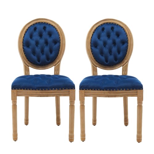MZDOO French Country Dining Chairs Set of 2，Velvet Dining Chairs with Tufted Round Back and Solid Rubberwood Leg, Upholstered Farmhouse Dining Chair for Dining Room, Kitchen, Blue