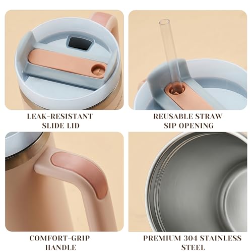Image of AXEON Stainless Steel Tumbler with Handle & Straw - 900ml | Double Wall Vacuum, Reusable & Leak-Proof Stanley Sipper | Travel Coffee & Cold Drink Cup for Gym, Office & Travel, Rose Colour