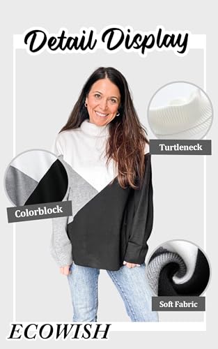 Image of ECOWISH Women Fall Pullover Sweater Turtleneck Plaid Long Sleeve Loose Casual Chunky Checked Knit Winter Sweaters Jumper Tops