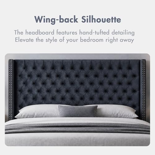 Image of Madison Park King Wingback Upholstered Tufted Headboard, Featuring High-Density Sponge Padding, Adjustable Height Headboard, Easy Assembly, Black Velvet