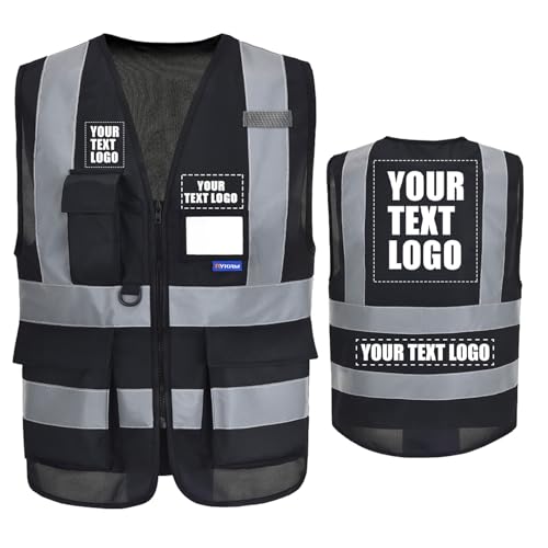 AYKRM 6XL 7XL 8XL schwarze warnweste Personalisierte bedruckbare Warnweste aufdruck mit Text oder mehrfarbigem Logo und Mehreren Taschen, Warnschutz Arbeitsweste Sicherheitsweste mit bedruckbare