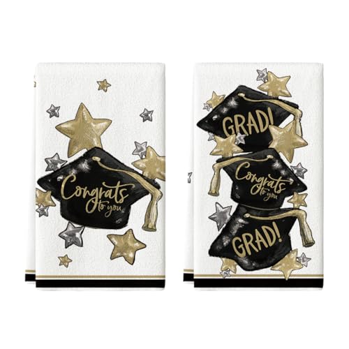 Artoid Mode Beige Congrats Grad Cap Stars Graduation Kitchen Towels Dish Towels, 18x26 Inch Party Farmhouse Decoration Hand Towels Set of 2 by Artoid Mode - Used condition - US$12.19