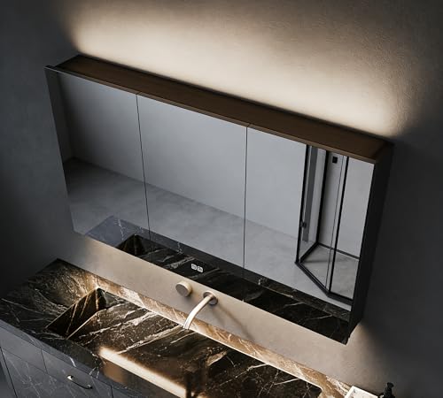 SVNR Badezimmer Spiegelschrank 100x60x13 cm, Spiegelschrank Bad mit Beleuchtung, 3 Glastüren, Antibeschlag, LED-Licht (RGB 3000K-6000K, Dimmbar), Touch-Steuerung, Schwarz