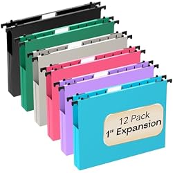 Plastic Hanging File Folders 1 Inch Expansion Letter Size,12 Pack Reinforced Heavy Duty Hang Folder with Tabs,Colored Expandable Hanging Files with Side,File Cabinet Folders for Bulky Files