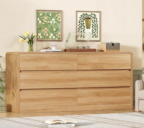 Image of TEENFON 55 inch Dresser for Bedroom with 6 Drawers, Dressers & Chests of Drawers with Curved Profile Design, 6 Drawer Dresser, Bedroom Dressers, Wood Dressers for Bedroom, Hallway, Natural