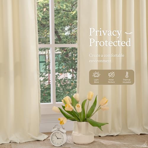 LAMIT Beige Velvet Curtains 90 Inches for Living Room, Elegant Thermal Insulated Panels Noise Reducing Back Tab and Rod Pocket Drapes for Bedroom/Farmhouse, 2 Panels, 52 x 90 Inch