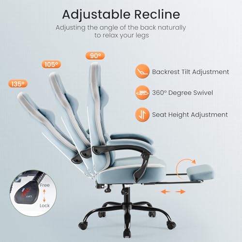 Image of DUMOS Gaming Chair with Linkage Armrests, Video Game with Pocket Spring Cushion, Ergonomic Computer Silla Gamer Office Desk Chair with Footrest for Adults & Students, Blue