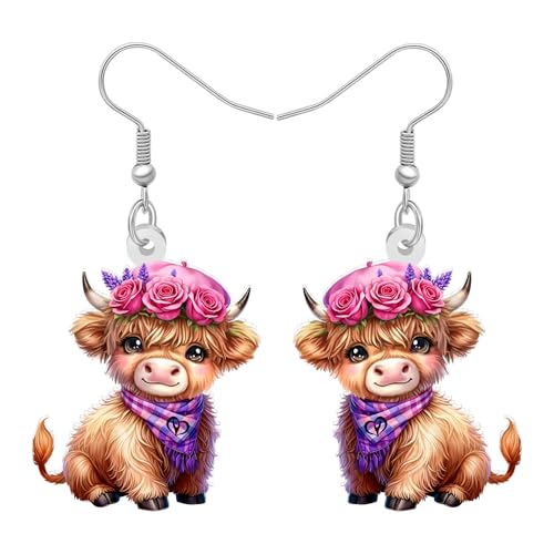 BONSNY Acrylic Highland Cow Earrings Dangle Gifts Cute Cartoon Animal Design Farm Animals Jewelry for Women Novelty Fun Hypoallergenic Charms (Chestnut)