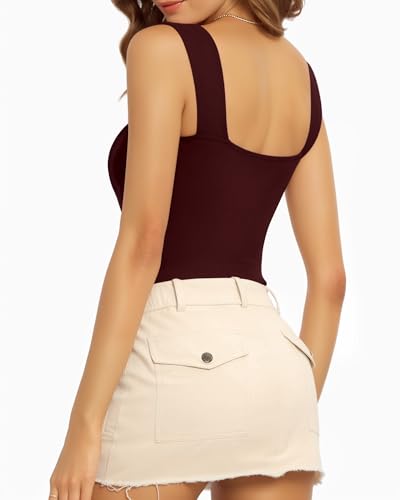 Image of MANGOPOP Tank Top Bodysuit for Women Square Neck Sleeveless Backless Body Suit Tops, Burgundy, X-Large