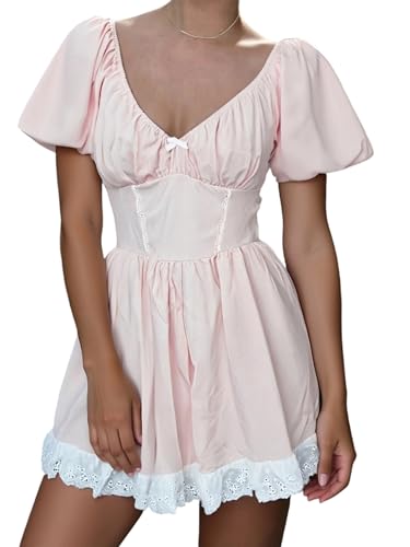 Image of Women Y2k Puff Sleeve Babydoll Dresses Square Neck Tie Back Mini Dress Summer Solid Off Shoulder Flowy Sundress