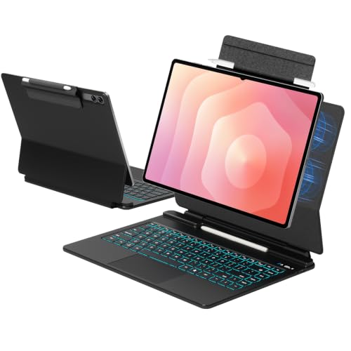 LAUDTEC [Upgraded] Secure Keyboard Case with Magnetic Clasp for Samsung Galaxy Tab S11/S10/S9/S8 Ultra 14.6 Large Multi-Touch Trackpad Premium Leather Floating Stand Cover with LED Display Black