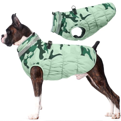 Image of Lelepet Warm Dog Winter Coat Dog Coats for Large Dogs Waterproof Dogs Jacket with Harness Built in Reflective Cold Weather Coats Zip-Up Winter Fleece Vest Snowsuit Boston Terrier Mint Green Camo L