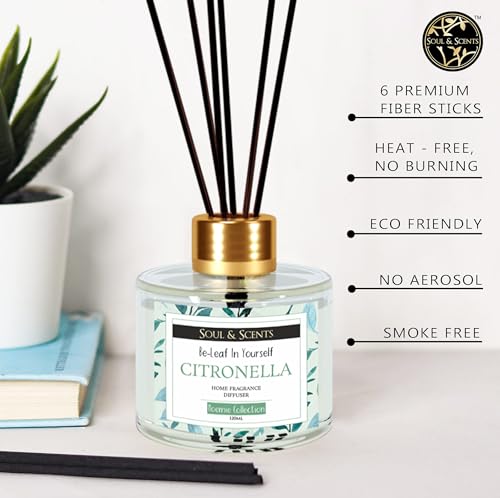Image of Soul & Scents Citronella Reed Diffuser Set - 120ml with Free 6 Fiber Reed Sticks Each | Toxin Free & Stress Relief | Long Lasting | Smoke Less Room Freshener for Home, Bedroom & Office | Pack of 2